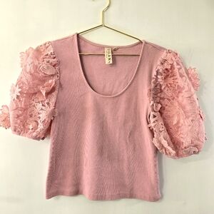 Anthropologie Dolan Left Coast Collection Crop Rib Puff 3D Lace Short Sleeve Top